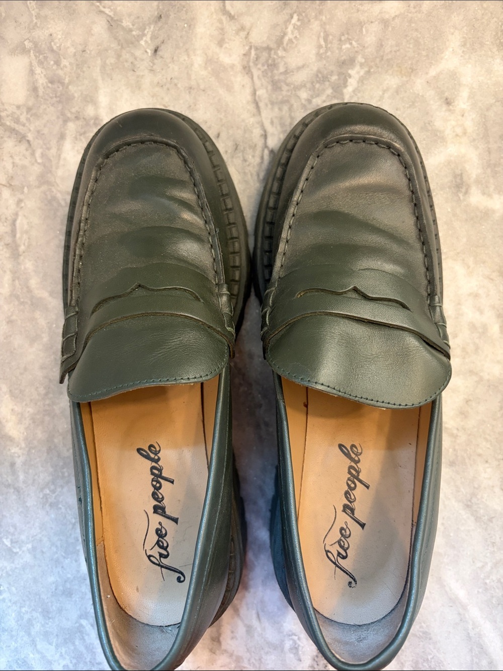 Free People Dark Green Leather Penny Loafers